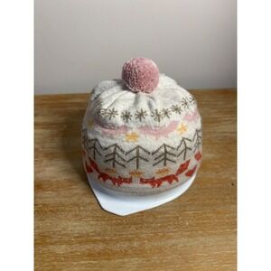 Kids Pigtails‎ Fair Isle Knit Beanie Hat with Pom Pink Cream Brown Trees Foxes